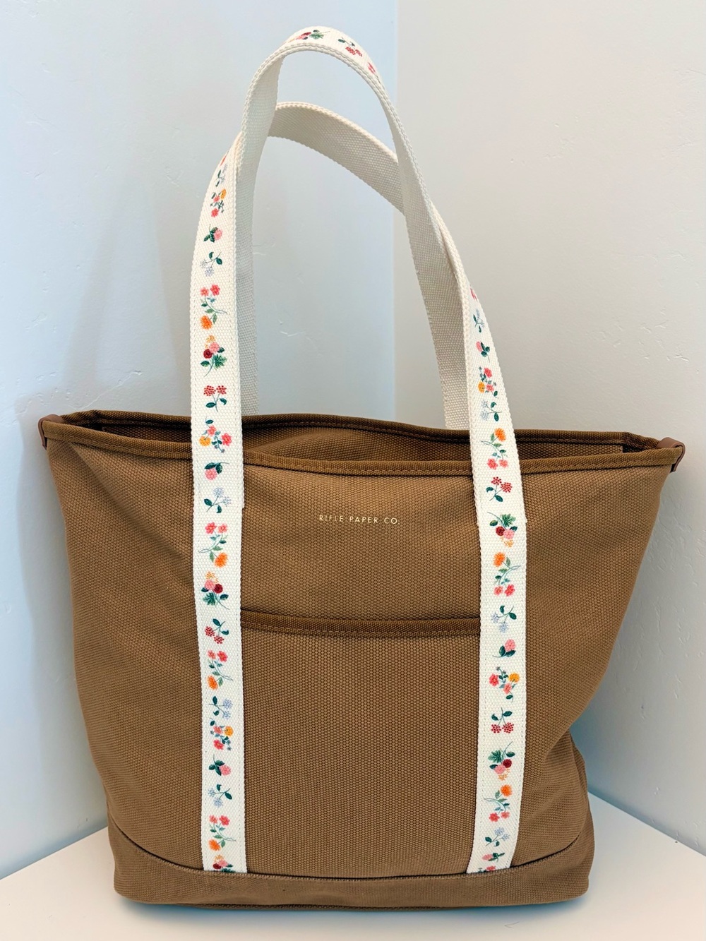 Rifle Paper Co. Tan Canvas Tote with Floral Cream Straps